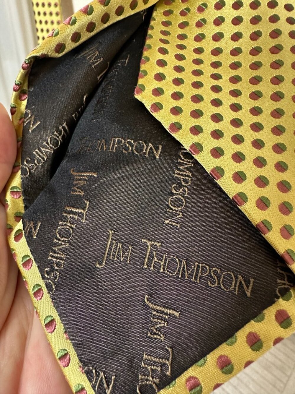 Jim Thompson 100% Thai Silk Tie Gold Olive Acorn Neat Pattern Handmade